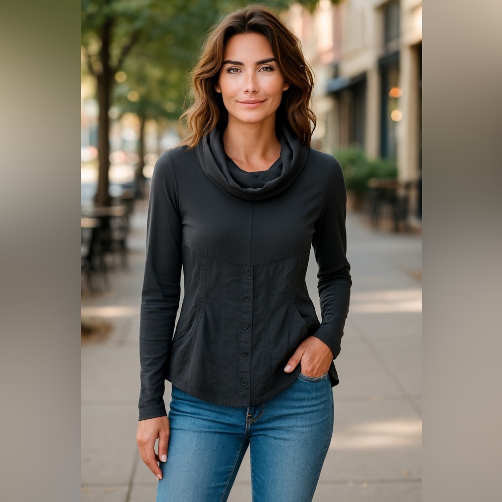 European Culture Black Long Sleeve Gray/Black Top. Cowl Neck